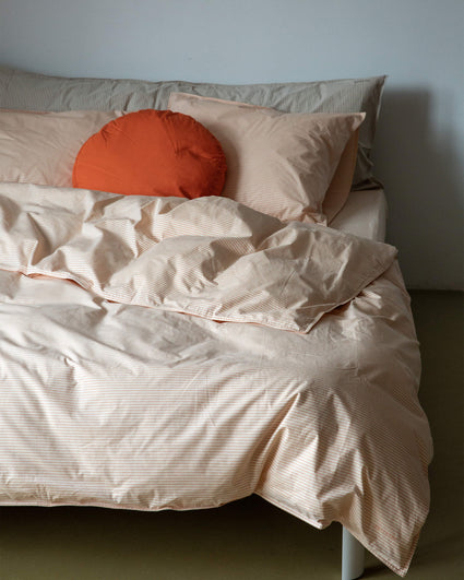 Duvet Cover Set Cotton Stripe Peach Ecru