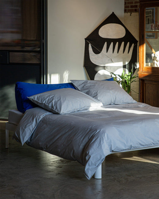Duvet Cover Set Cotton Stripe Blue Ecru