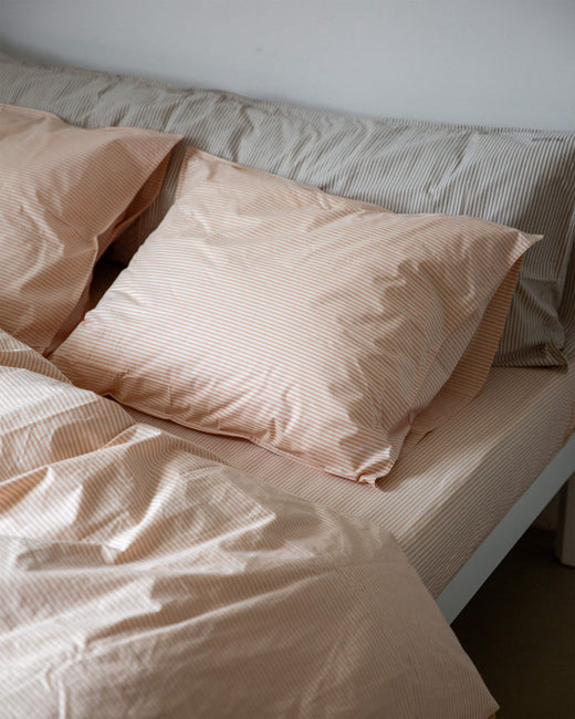 Duvet Cover Set Cotton Stripe Peach Ecru