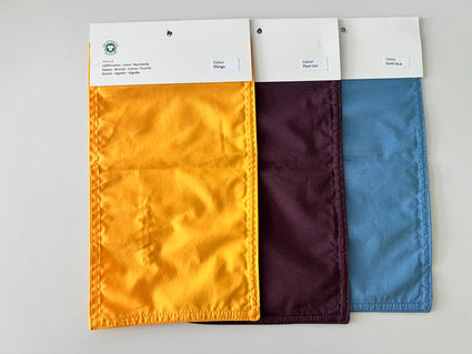 Fabric Swatch Percale Update August 2026 - Mango, Plum Noir & Quiet Blue