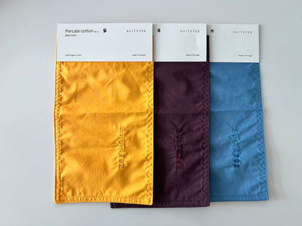 Fabric Swatch Percale Update August 2026 - Mango, Plum Noir & Quiet Blue