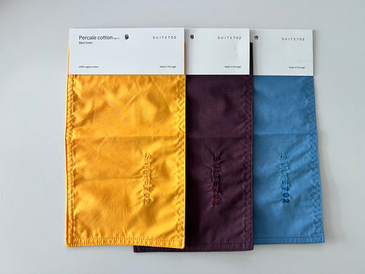 Fabric Swatch Percale Cotton Update August 2026 - Mango, Plum Noir & Quiet Blue