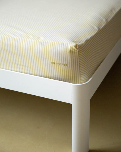 Fitted Sheet Cotton Stripe Lemon Ecru